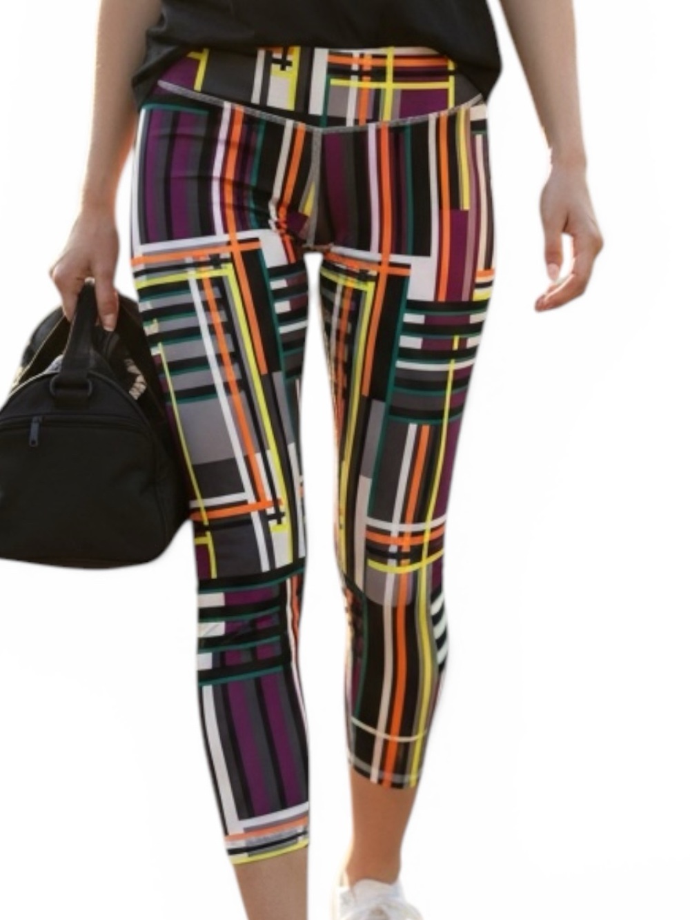 Fabletics Purple, Black, Gray & Neon Stripe High-Waist Leggings